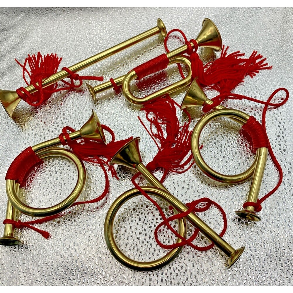 5 Vintage Brass Bugle Horn Red Cord Tassle Ornament Hanging Miniature Christmas
